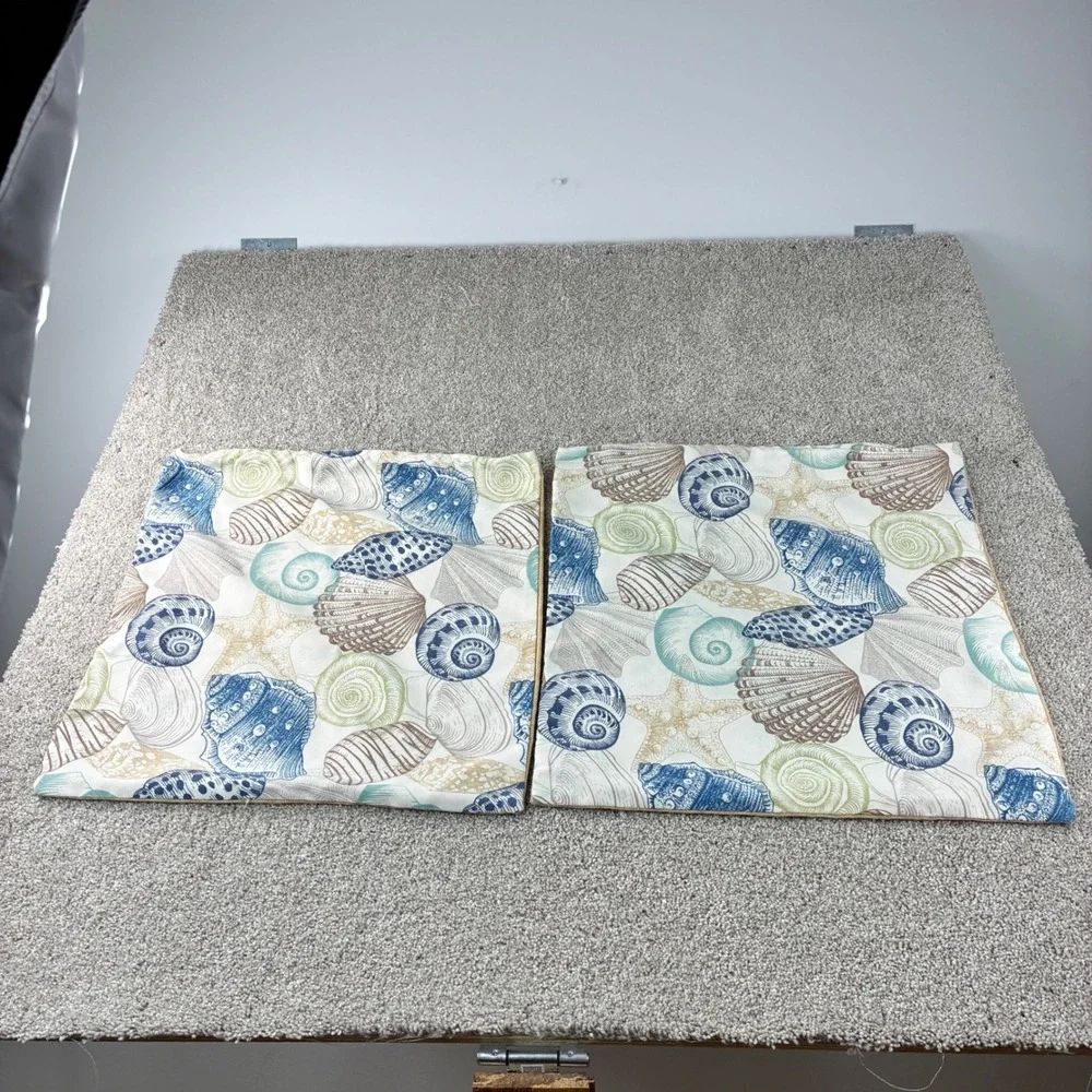 Seashell Coastal Pillow Covers 2 PC Square Nautical Blue Green Beige 18x18 Linen